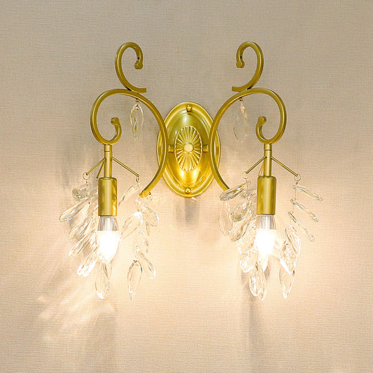Postmodern Gold Curve Arm Sconce Light Fixture With Crystal Drip - 2 Wall-Mount