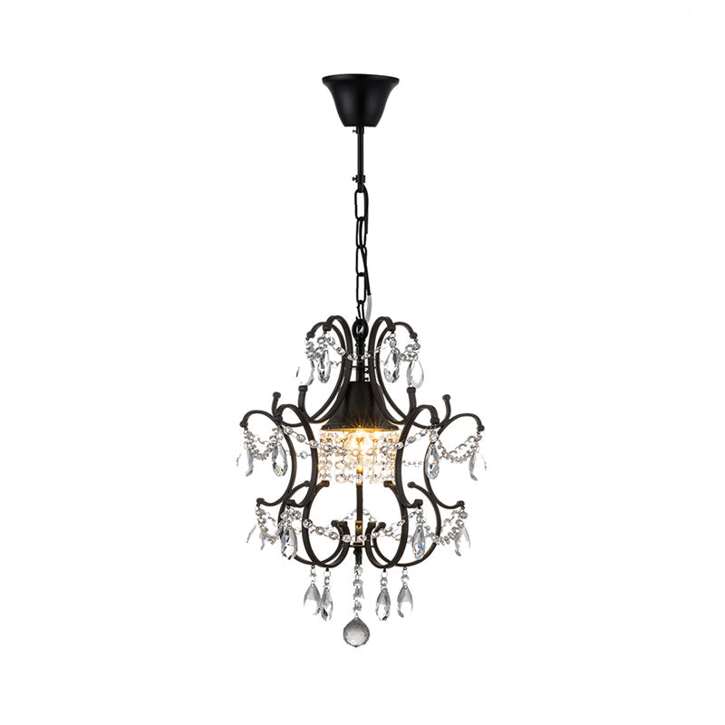 Vintage Iron Lantern Pendant Light With Crystal Accent - 1-Light Black Ceiling Fixture