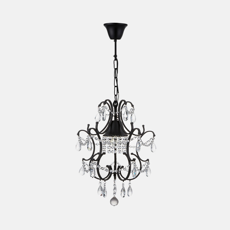 Vintage Iron Frame Lantern Pendant - 1 Light Black Ceiling Fixture With Crystal Accent