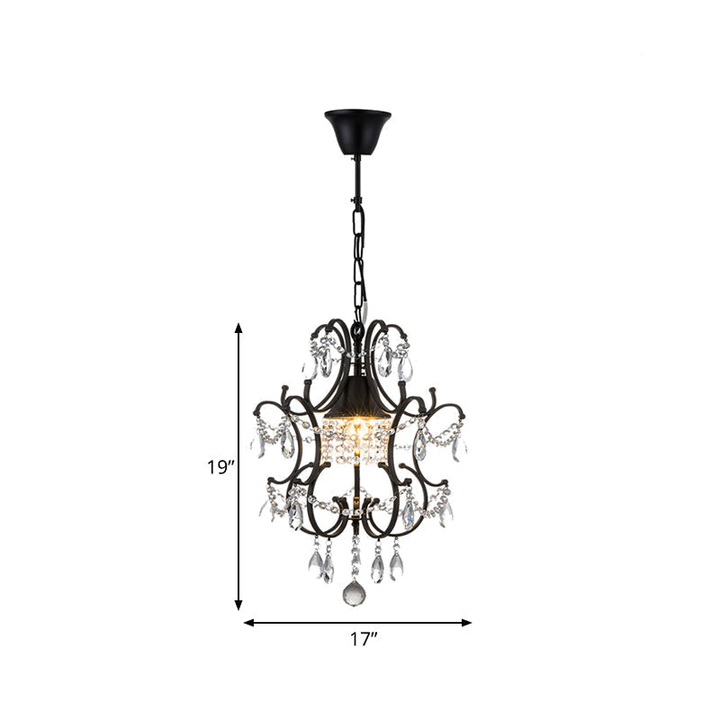 Vintage Iron Lantern Pendant Light With Crystal Accent - 1-Light Black Ceiling Fixture