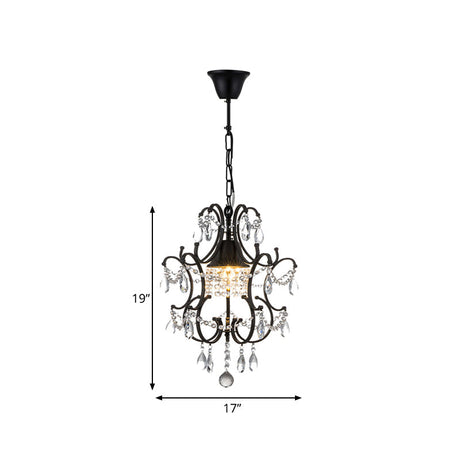 Vintage Iron Lantern Pendant Light With Crystal Accent - 1-Light Black Ceiling Fixture