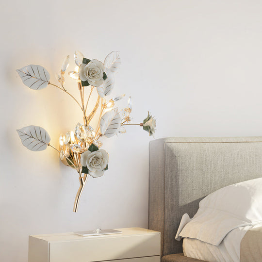 Ceramic And Crystal Branch Wall Lamp With 3 Bulbs Rose/Leaf Design In Black/White For Bedroom Sconce