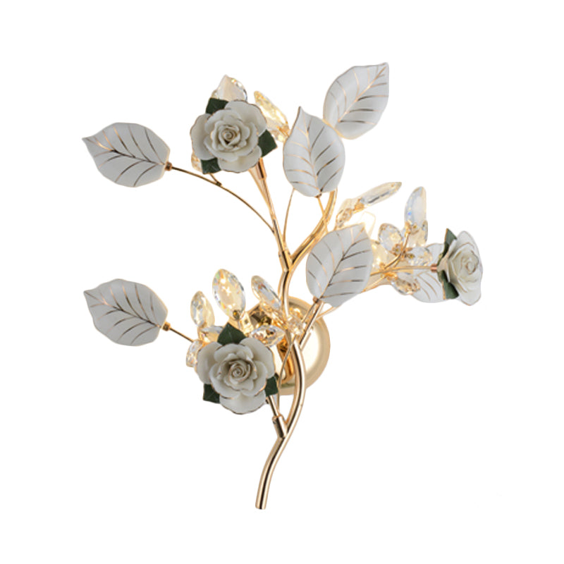 Ceramic And Crystal Branch Wall Lamp With 3 Bulbs Rose/Leaf Design In Black/White For Bedroom Sconce