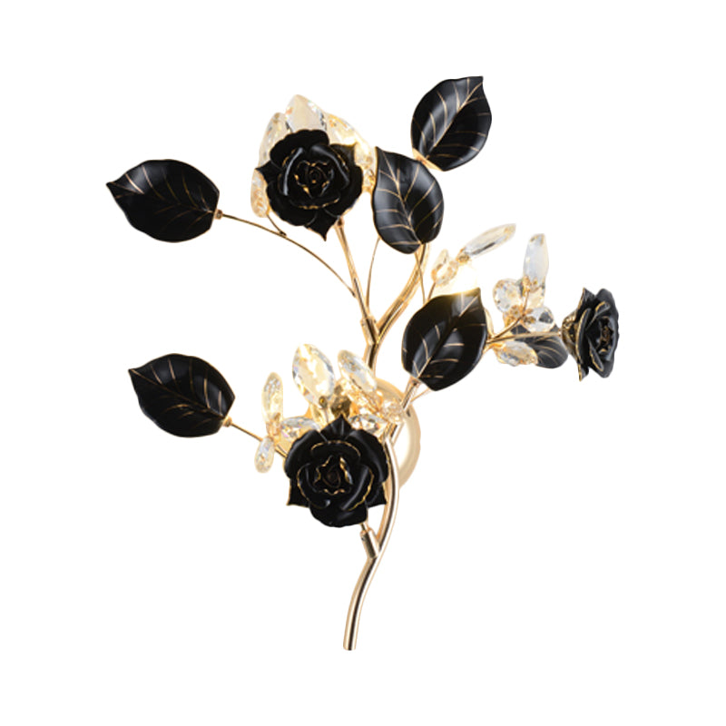 Ceramic And Crystal Branch Wall Lamp With 3 Bulbs Rose/Leaf Design In Black/White For Bedroom Sconce