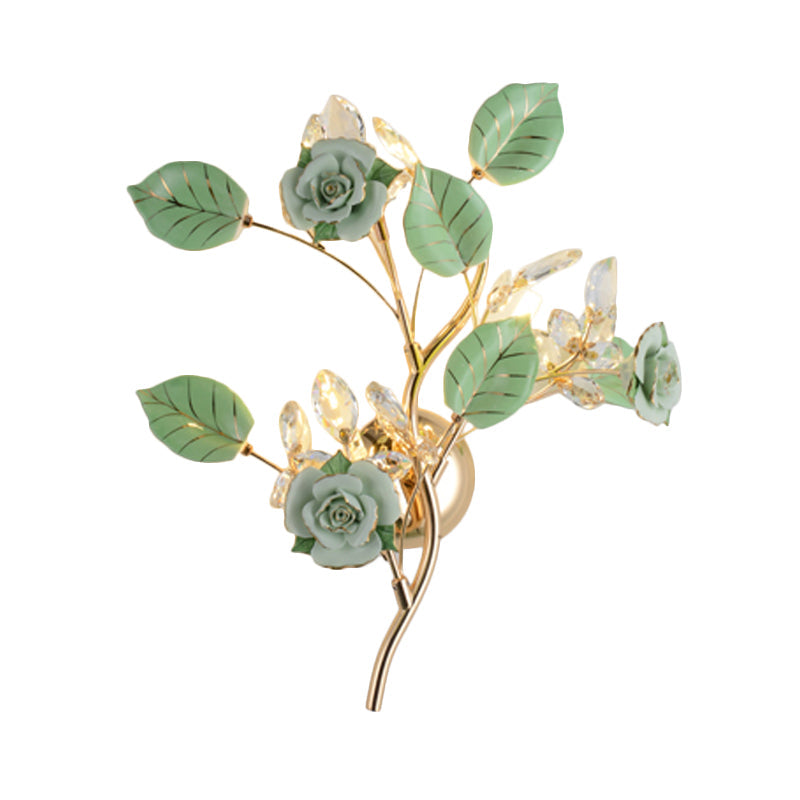 Ceramic And Crystal Branch Wall Lamp With 3 Bulbs Rose/Leaf Design In Black/White For Bedroom Sconce