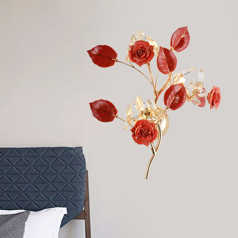 Ceramic And Crystal Branch Wall Lamp With 3 Bulbs Rose/Leaf Design In Black/White For Bedroom Sconce