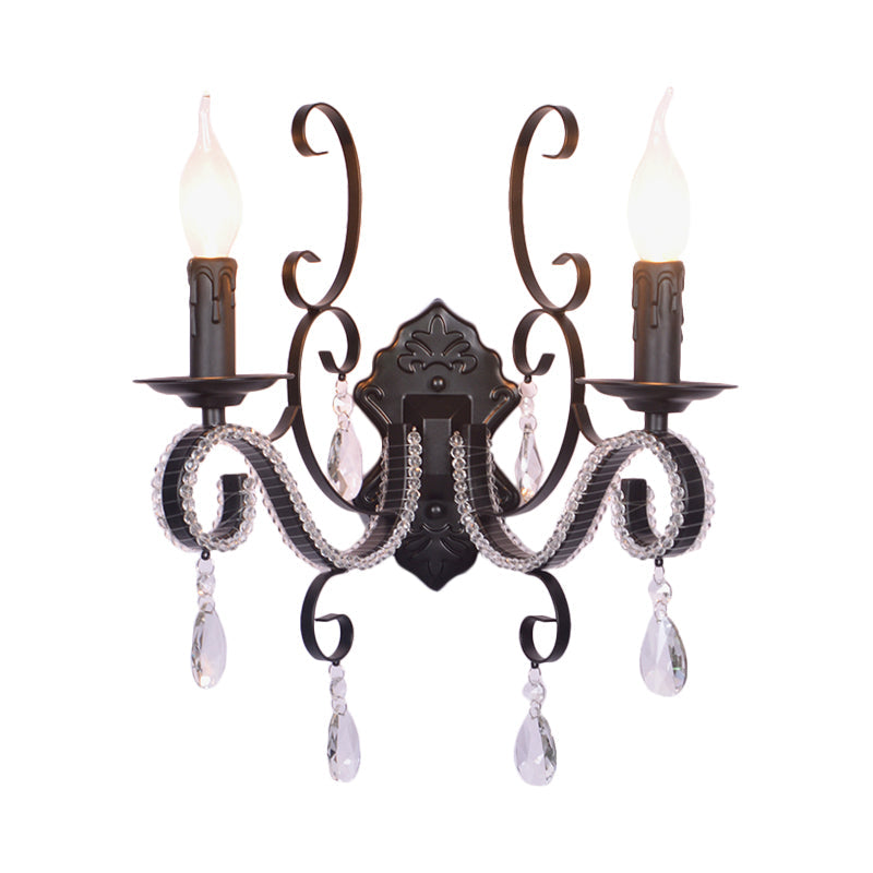 Vintage Candle Wall Lamp With Crystal Accent Black Metal Finish
