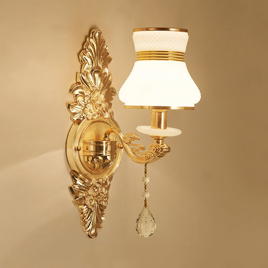 Modern Frosted Glass Bell Shade Wall Sconce With Gold Carved Backplate 1 /