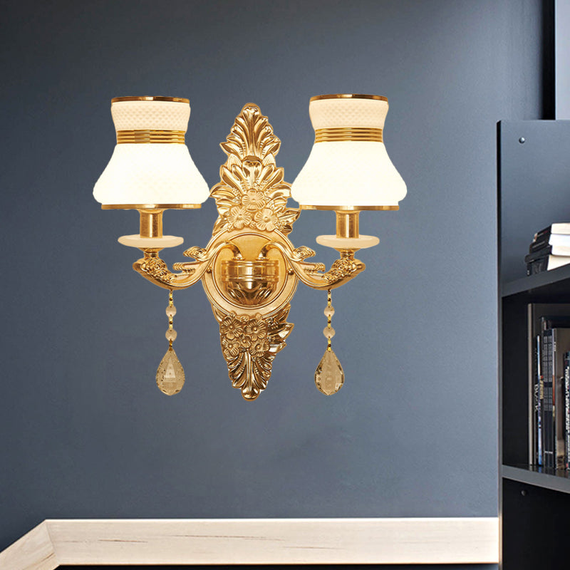 Modern Frosted Glass Bell Shade Wall Sconce With Gold Carved Backplate 2 /