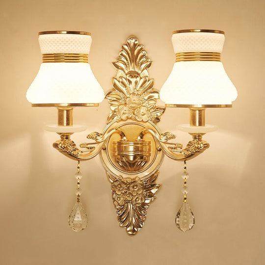 Modern Frosted Glass Bell Shade Wall Sconce With Gold Carved Backplate