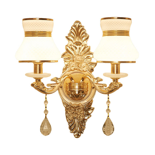 Modern Frosted Glass Bell Shade Wall Sconce With Gold Carved Backplate