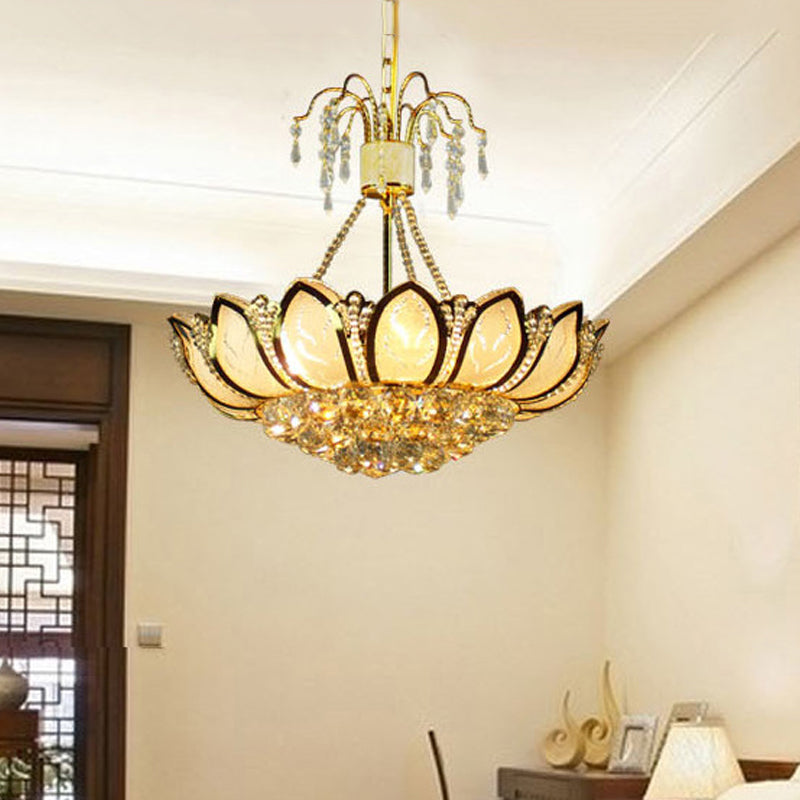 Modern Lotus Crystal Ceiling Light With 6 Lights In Gold - Ideal For Dining Rooms