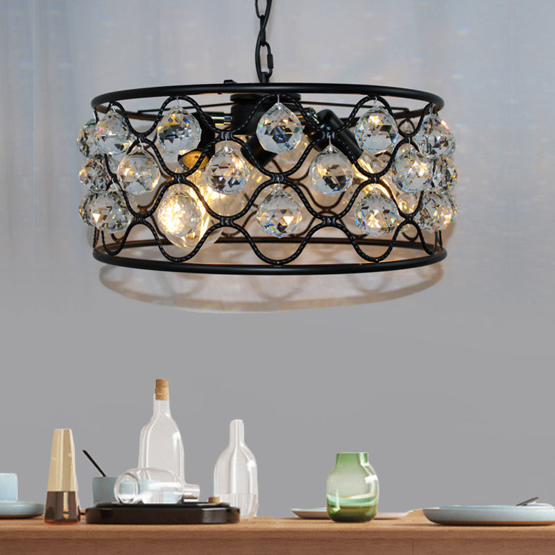 Vintage Metal & Crystal Drum Chandelier - 3-Light Black Ceiling Fixture For Living Room