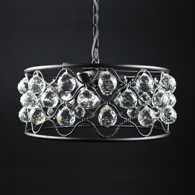 Vintage Metal & Crystal Drum Chandelier - 3-Light Black Ceiling Fixture For Living Room
