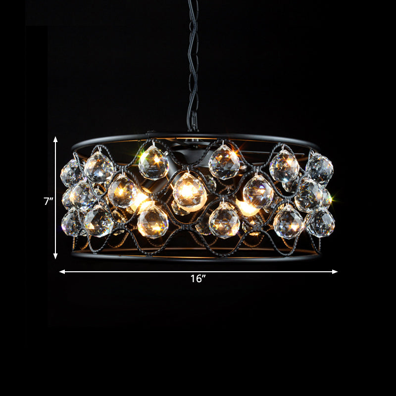 Vintage Metal And Crystal Drum Chandelier - 3 Lights Black Ceiling Light For Living Room