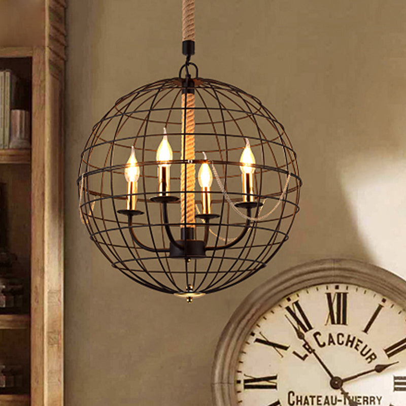 Traditional Black Metal Pendant Chandelier With Globe Cage - 3/4 Lights Ideal For Living Room 4 /