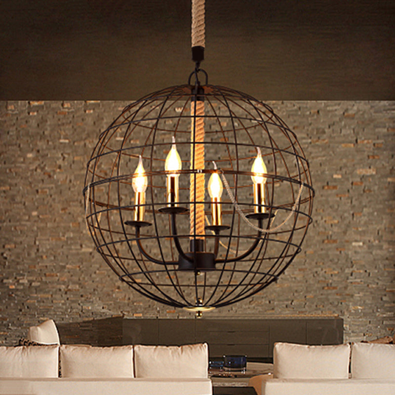 Traditional Black Metal Pendant Chandelier With Globe Cage - 3/4 Lights Ideal For Living Room