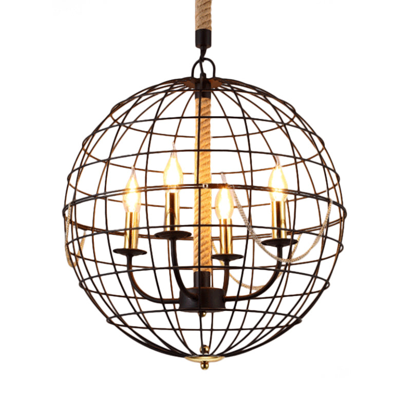 Traditional Black Metal Pendant Chandelier With Globe Cage - 3/4 Lights Ideal For Living Room