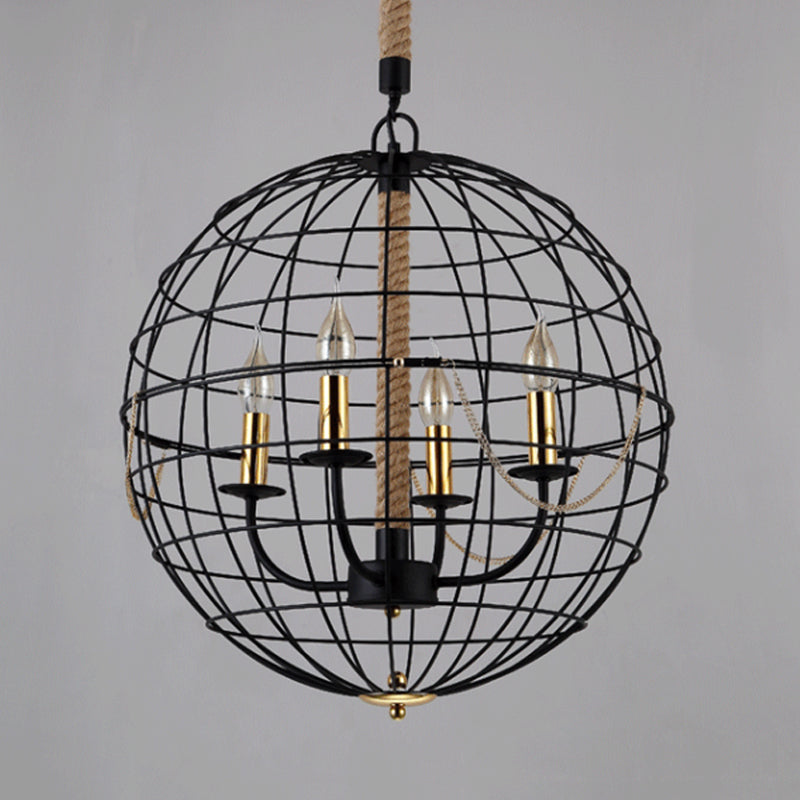 Traditional Black Metal Pendant Chandelier With Globe Cage - 3/4 Lights Ideal For Living Room