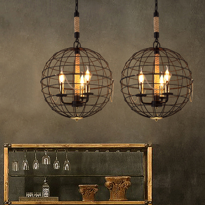 Traditional Black Metal Pendant Chandelier With Globe Cage - 3/4 Lights Ideal For Living Room