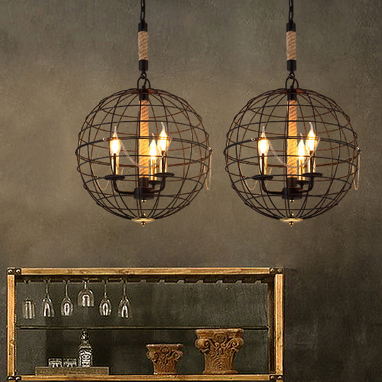 Traditional Black Metal Pendant Chandelier With Globe Cage - 3/4 Lights Ideal For Living Room