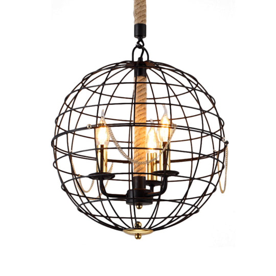 Traditional Black Metal Pendant Chandelier With Globe Cage - 3/4 Lights Ideal For Living Room