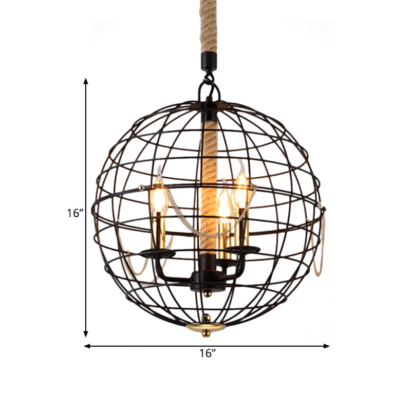 Traditional Black Metal Pendant Chandelier With Globe Cage - 3/4 Lights Ideal For Living Room