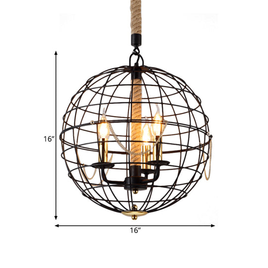 Traditional Black Metal Pendant Chandelier With Globe Cage - 3/4 Lights Ideal For Living Room