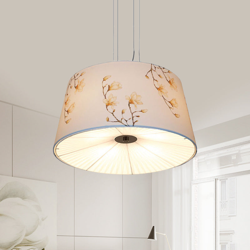 Nordic Apricot Design Drum Chandelier - 4 Light Pendant For Living Room In White/Blue/Beige Fabric