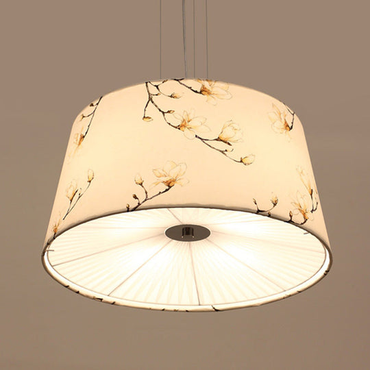 Nordic Apricot Design Drum Chandelier - 4 Light Pendant For Living Room In White/Blue/Beige Fabric