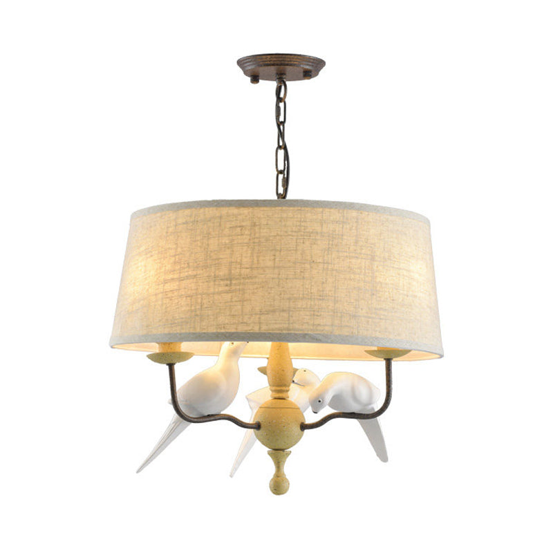 Vintage White Drum Chandelier With Bird: 3-Light Ceiling Fixture