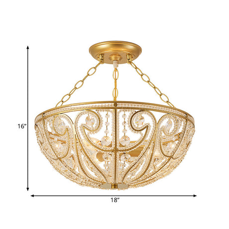 Gold Crystal 1 Light Bedroom Flush Mount Lamp - Contemporary Semi Lighting