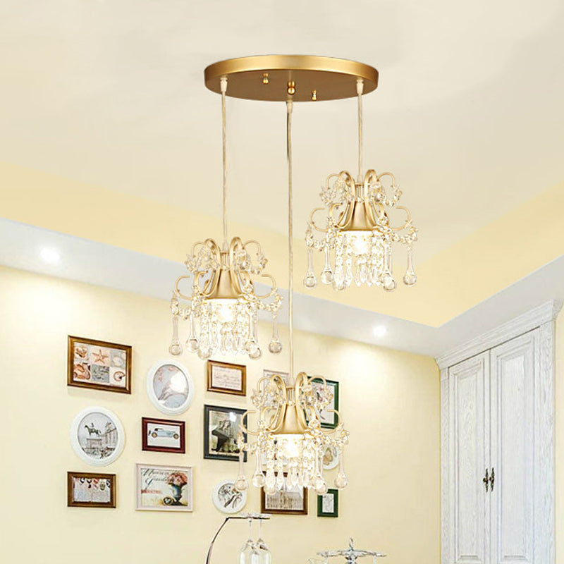 Golden Flared Semi Flush Mount Traditional 3 - Light Dining Room Ceiling Fixture With Crystal
