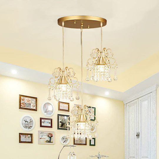 Golden Flared Semi Flush Mount Traditional 3 - Light Dining Room Ceiling Fixture With Crystal