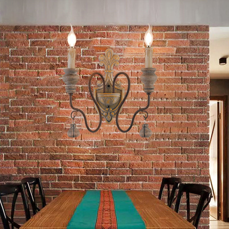 Vintage Metal Distressed Wood Wall Lamp With Curved Arms - 1/2 Lights Perfect For Dining Room Sconce