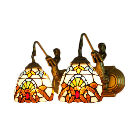 Baroque Beige Multicolor Stained Glass Dome Sconce Light 16/18 Wide