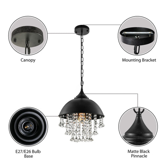 Industrial Dome Pendant Light With Crystal Bead Black/Chrome Metal Hanging Fixture