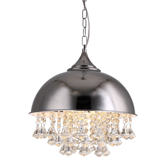 Industrial Dome Pendant Light With Crystal Bead Black/Chrome Metal Hanging Fixture