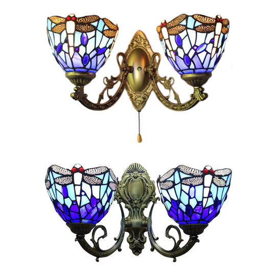 Dragonfly Stained Glass Wall Sconce - Vintage Tiffany Style With Dual Blue Heads 8.5/11 Wide