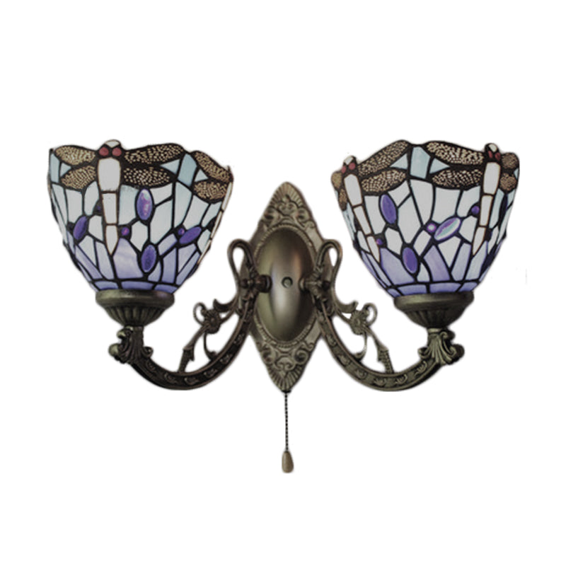 Dragonfly Stained Glass Wall Sconce - Vintage Tiffany Style With Dual Blue Heads 8.5/11 Wide