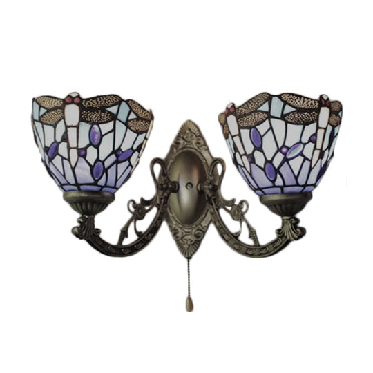 Dragonfly Stained Glass Wall Sconce - Vintage Tiffany Style With Dual Blue Heads 8.5/11 Wide