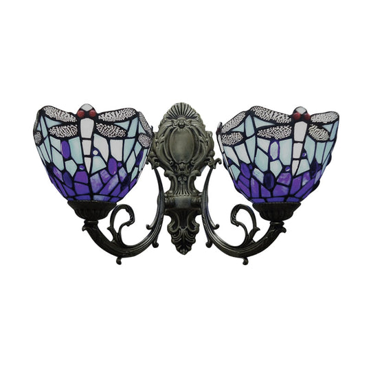 Dragonfly Stained Glass Wall Sconce - Vintage Tiffany Style With Dual Blue Heads 8.5/11 Wide
