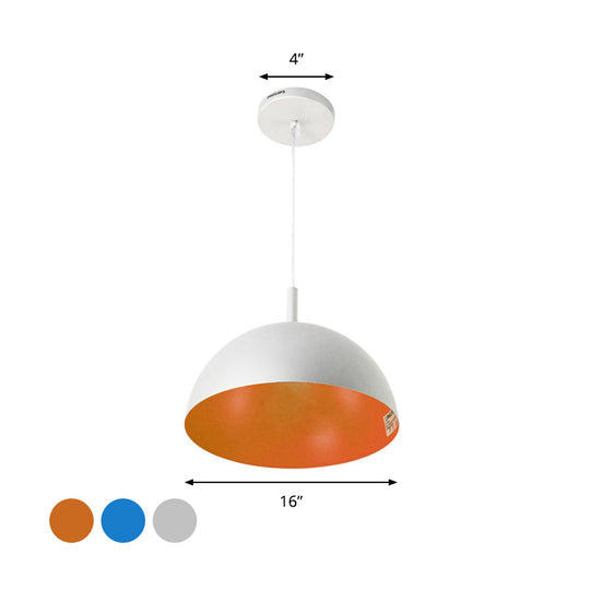 Simple Metal Dome Pendant Lamp With 1 Light In Orange/Blue/Chrome For Dining Room - 10/16 Wide