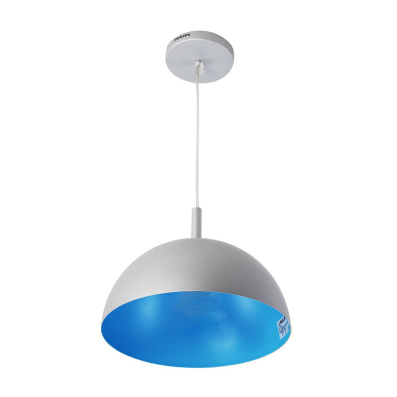 Simple Metal Dome Pendant Lamp With 1 Light In Orange/Blue/Chrome For Dining Room - 10/16 Wide