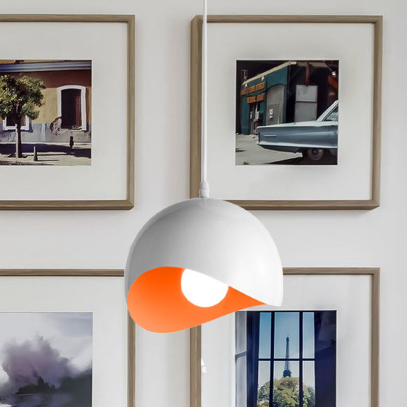 Modern Metal Dome Ceiling Light With Adjustable Height - Inner Pink/Yellow 1-Bulb Fixture 8/12 Width