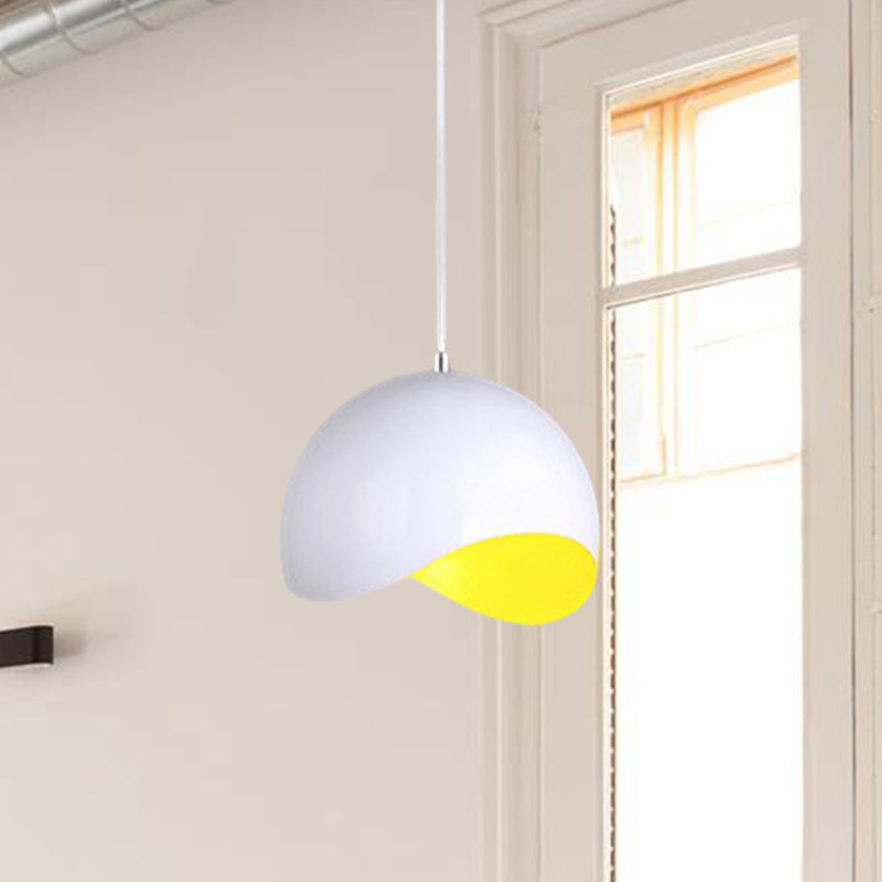 Modern Metal Dome Ceiling Light With Adjustable Height - Inner Pink/Yellow 1-Bulb Fixture 8/12 Width