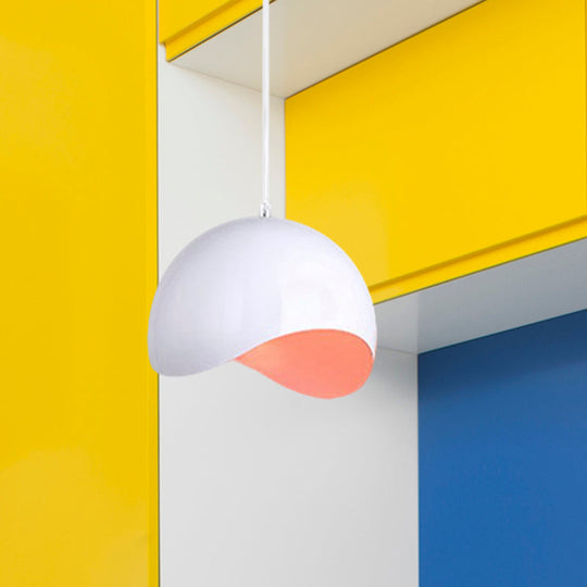 Modern Metal Dome Ceiling Light With Adjustable Height - Inner Pink/Yellow 1-Bulb Fixture 8/12 Width