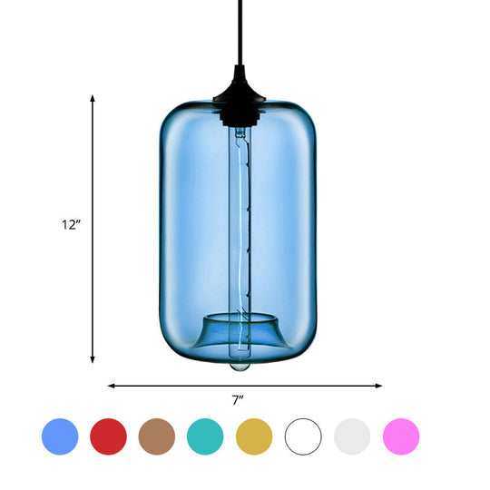Contemporary 1-Light Hanging Lamp With Cylinder Glass Shade - Red/Brown/Blue Ceiling Light