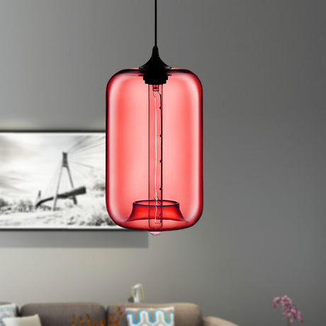 Contemporary 1-Light Hanging Lamp With Cylinder Glass Shade - Red/Brown/Blue Ceiling Light Red