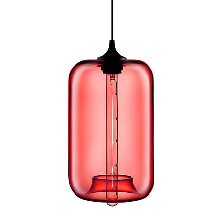 Contemporary 1-Light Hanging Lamp With Cylinder Glass Shade - Red/Brown/Blue Ceiling Light